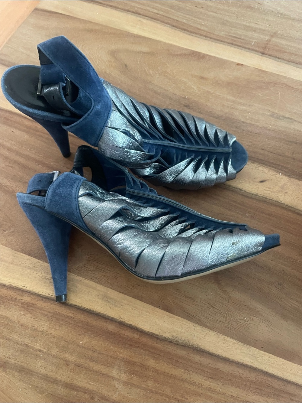 Gino Vaello Sculpted Navy Suede and Silver Metallic Slingback Heels